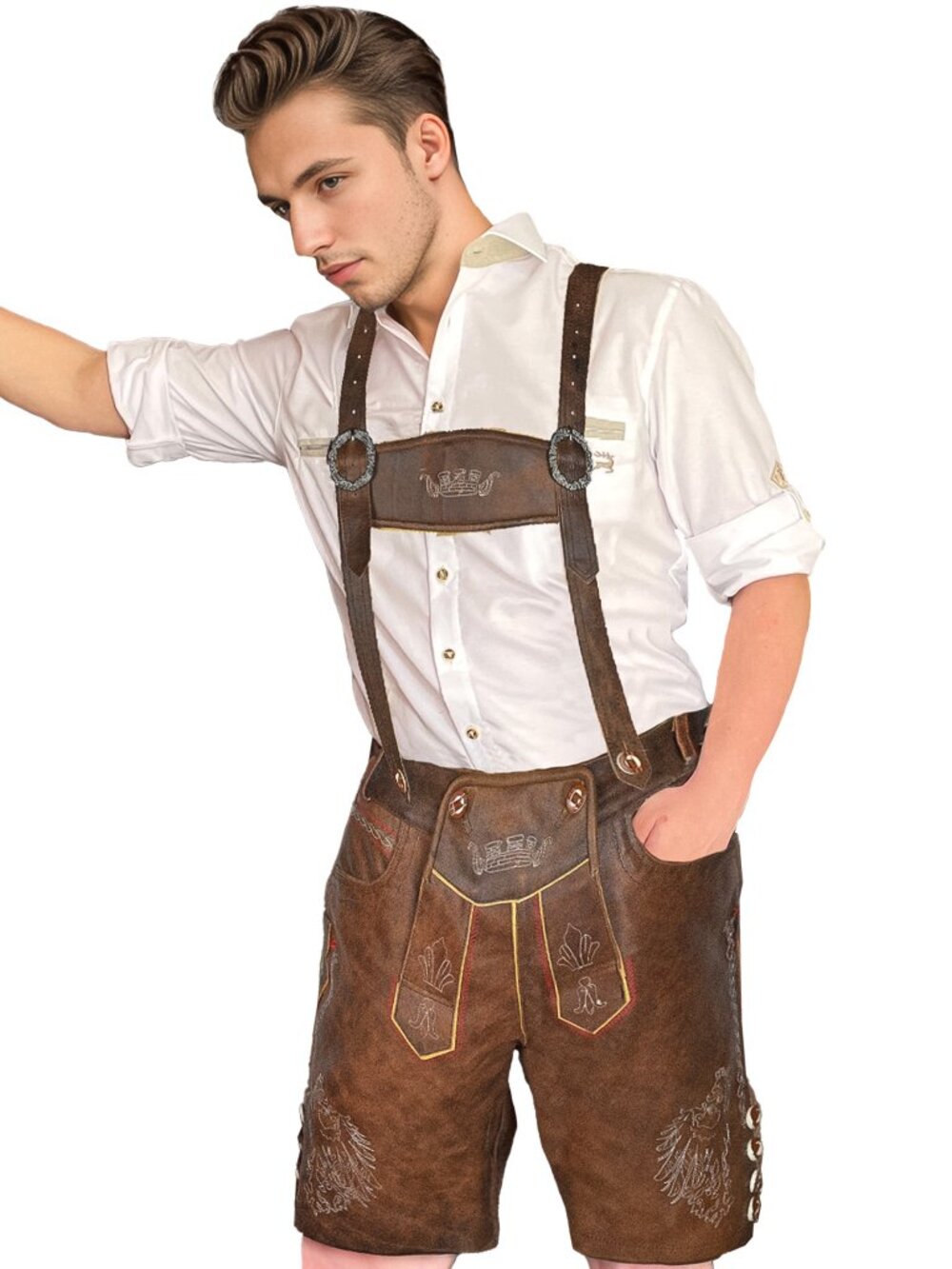 Authentic German Lederhosen Men Red Brown Oktoberfest Bavarian Costume Outfit